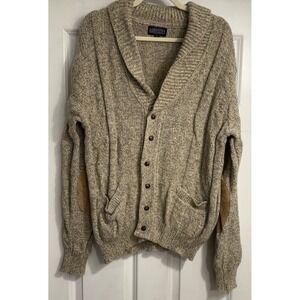 Vtg Lands'‎ End Cardigan Men's Medium Cable Knit Wool Elbow Patch USA Flaw Brown